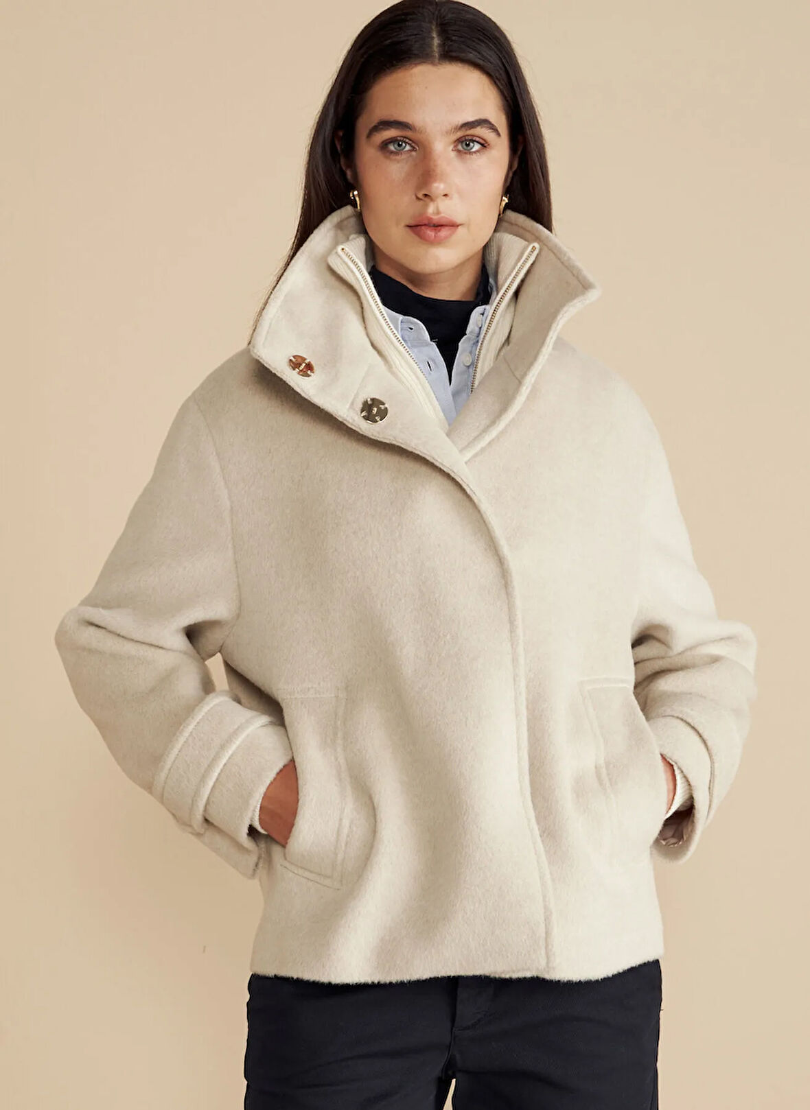 Brooks Brothers Taş Kadın Kaban Dik Yakalı Kısa Yün Kaban