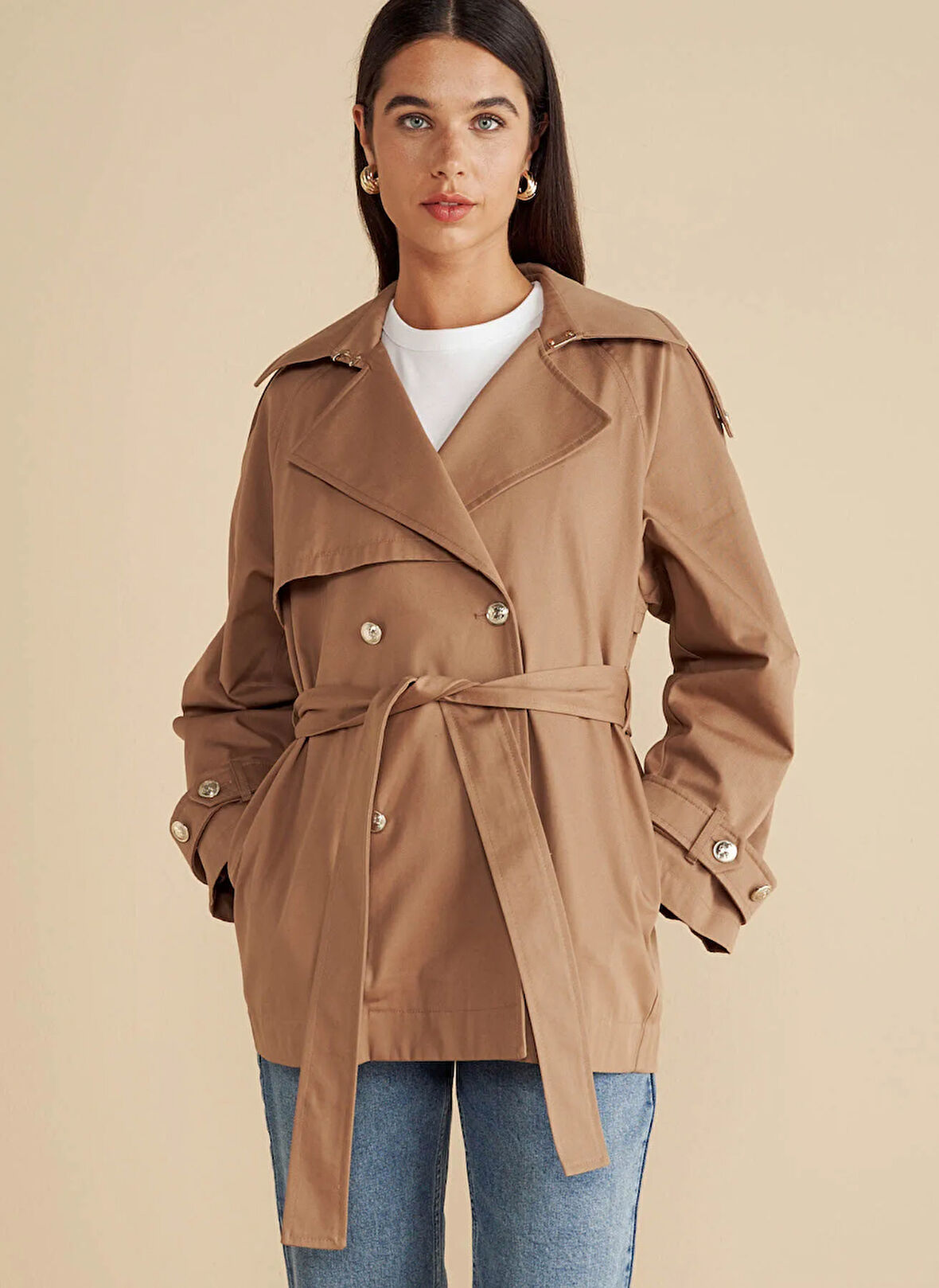 Brooks Brothers Taba Kadın Trençkot Beli Kuşaklı Logo Astarlı Kısa Tren