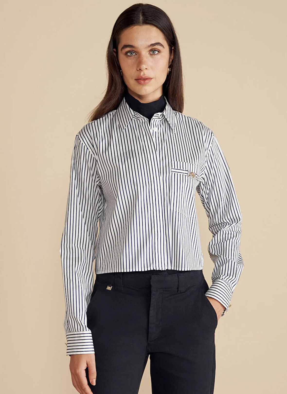 Brooks Brothers Regular Fit Gömlek Yaka Çizgili Lacivert Kadın Gömlek Metal Logolu Cepli Crop Gömlek