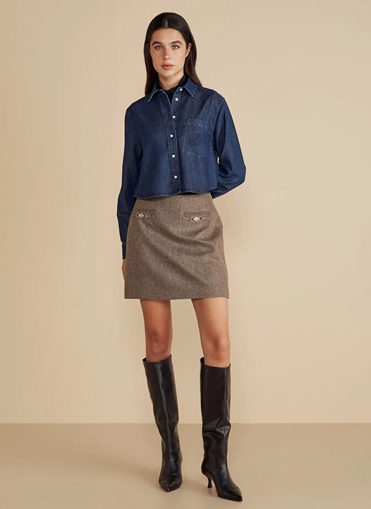 Brooks Brothers Normal Bel Kahve - Bej Kadın Balıksırtı Desenli Midi Etek Balıksırtı Desenli Metal Logo Tokal