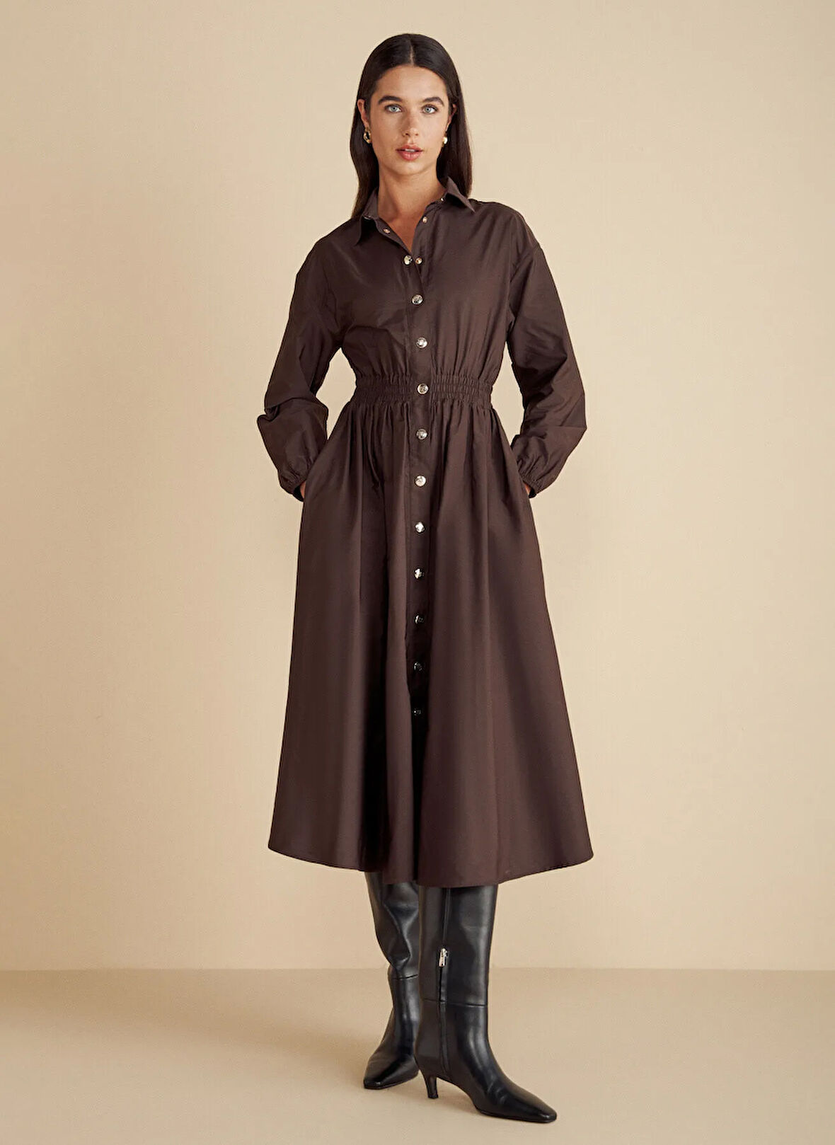 Brooks Brothers Gömlek Yaka Düz Koyu Kahve Midi Kadın Elbise Metal Çıtçıtlı Tafta Midi Gömlek El