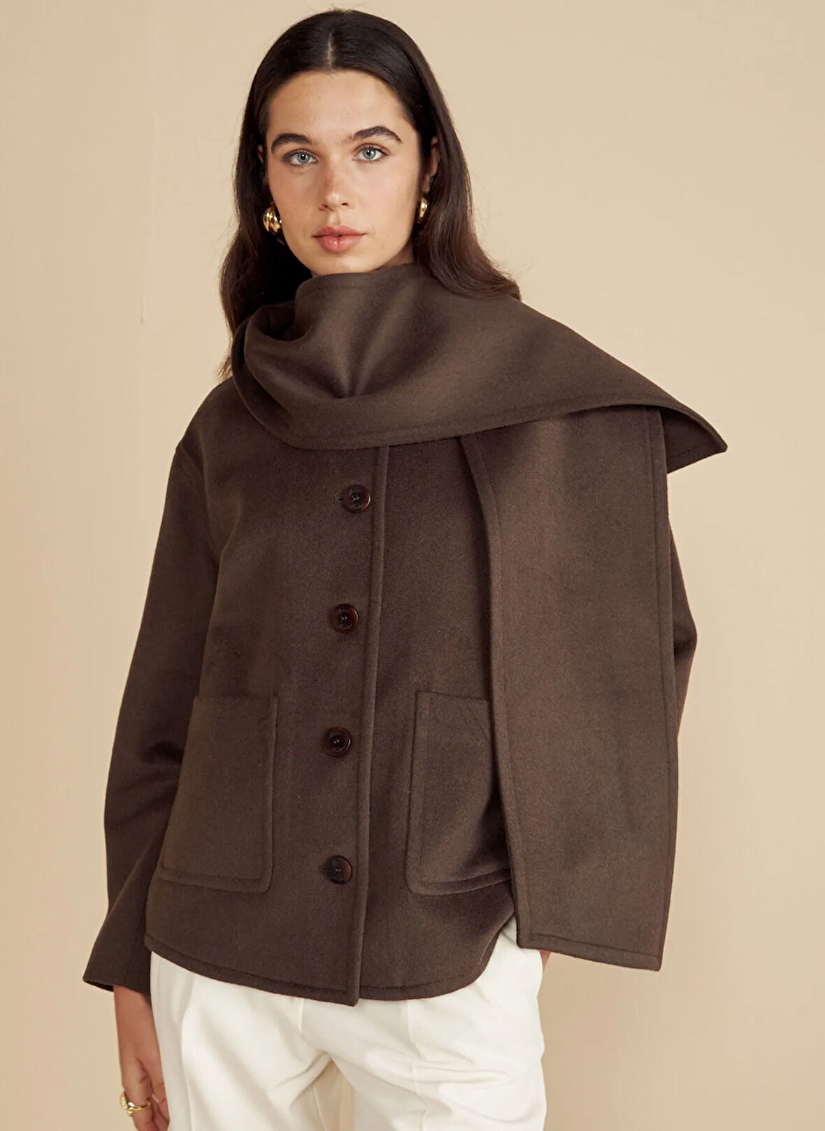 Brooks Brothers Koyu Kahve Kadın Mont Atkı Detaylı Yün Mont