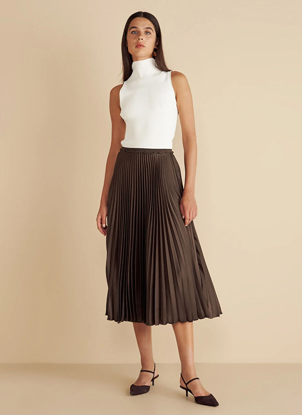 Brooks Brothers Normal Bel Koyu Kahve Kadın Midi Etek Beli Lastikli Pliseli Etek