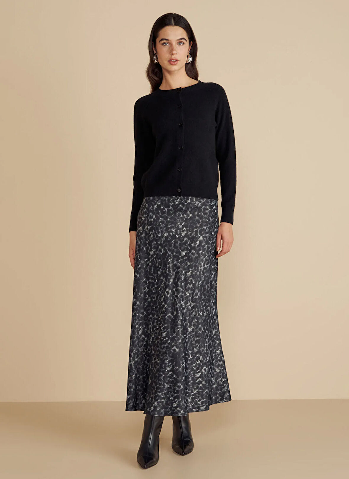 Brooks Brothers Normal Bel Gri - Siyah Kadın Leopar Desenli Midi Etek Leopar Desenli Midi Saten Etek