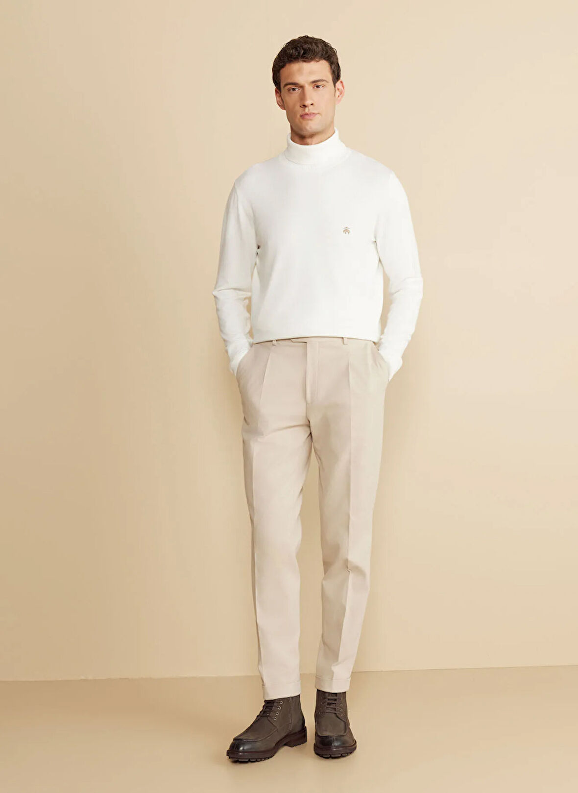 Brooks Brothers Normal Bel Duble Paça Standart Bej Erkek Pantolon BBFW25MPT002