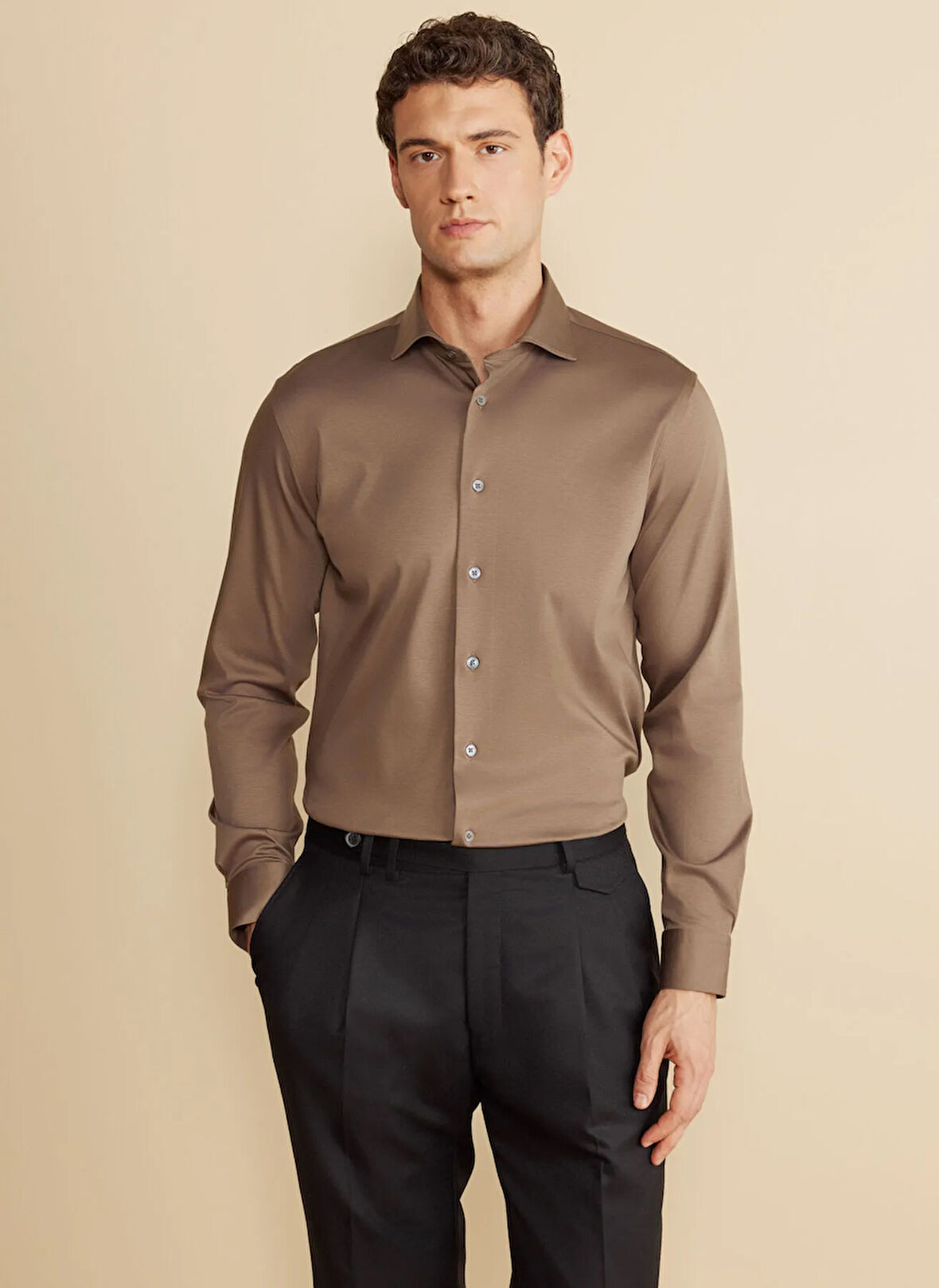 Brooks Brothers Slim Fit İtalyan Yaka Vizon Erkek Gömlek BBFW25MSH032
