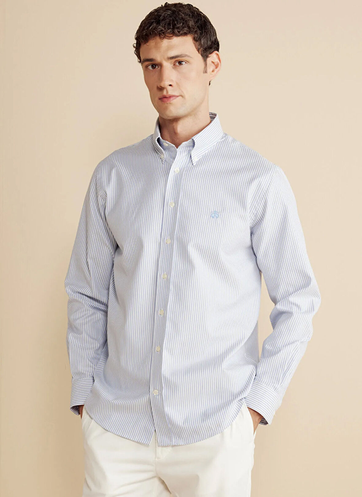 Brooks Brothers Regular Fit Düğmeli Yaka Mavi - Beyaz Erkek Gömlek BBFW25MSH003