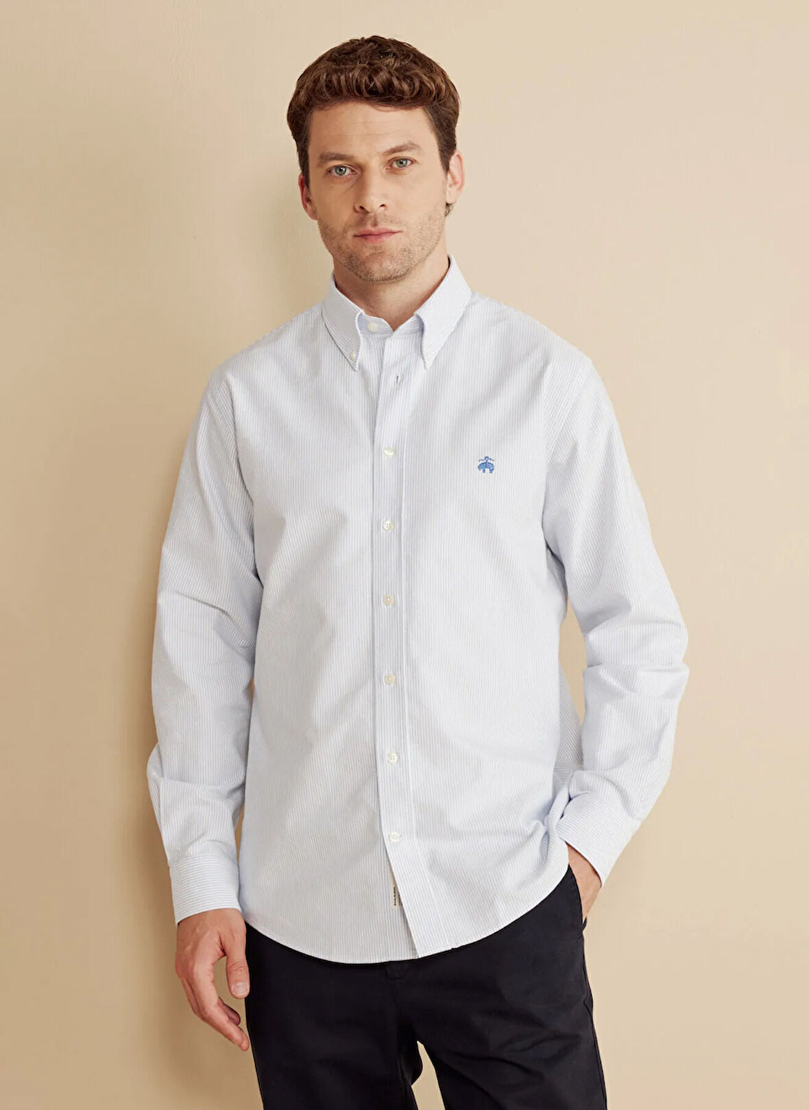 Brooks Brothers Regular Fit Düğmeli Yaka Mavi - Beyaz Erkek Gömlek BBFW25MSH004