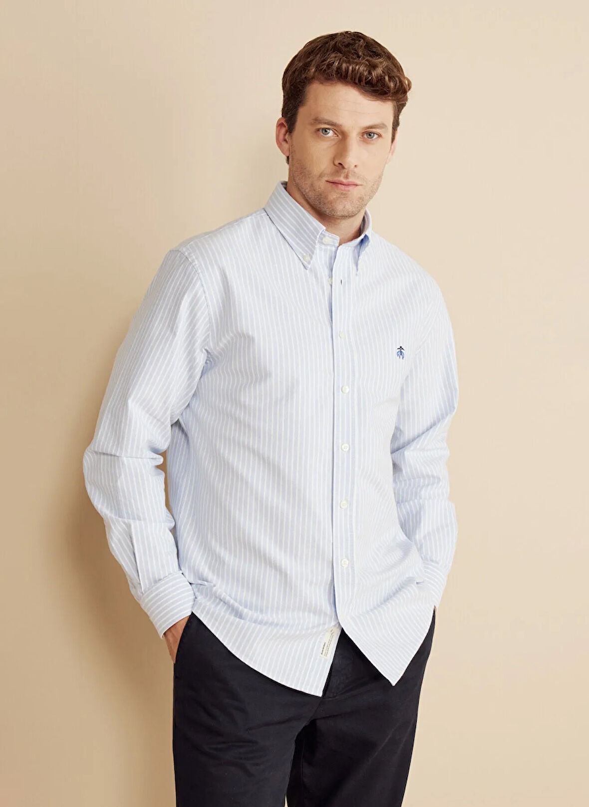 Brooks Brothers Regular Fit Düğmeli Yaka Mavi - Beyaz Erkek Gömlek BBFW25MSH014