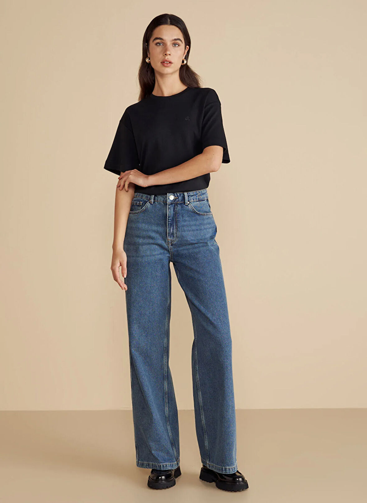 Brooks Brothers Yüksek Bel Geniş Paça Standart Mavi Kadın Denim Pantolon Yüksel Bel Wide Leg Denim Pantolon