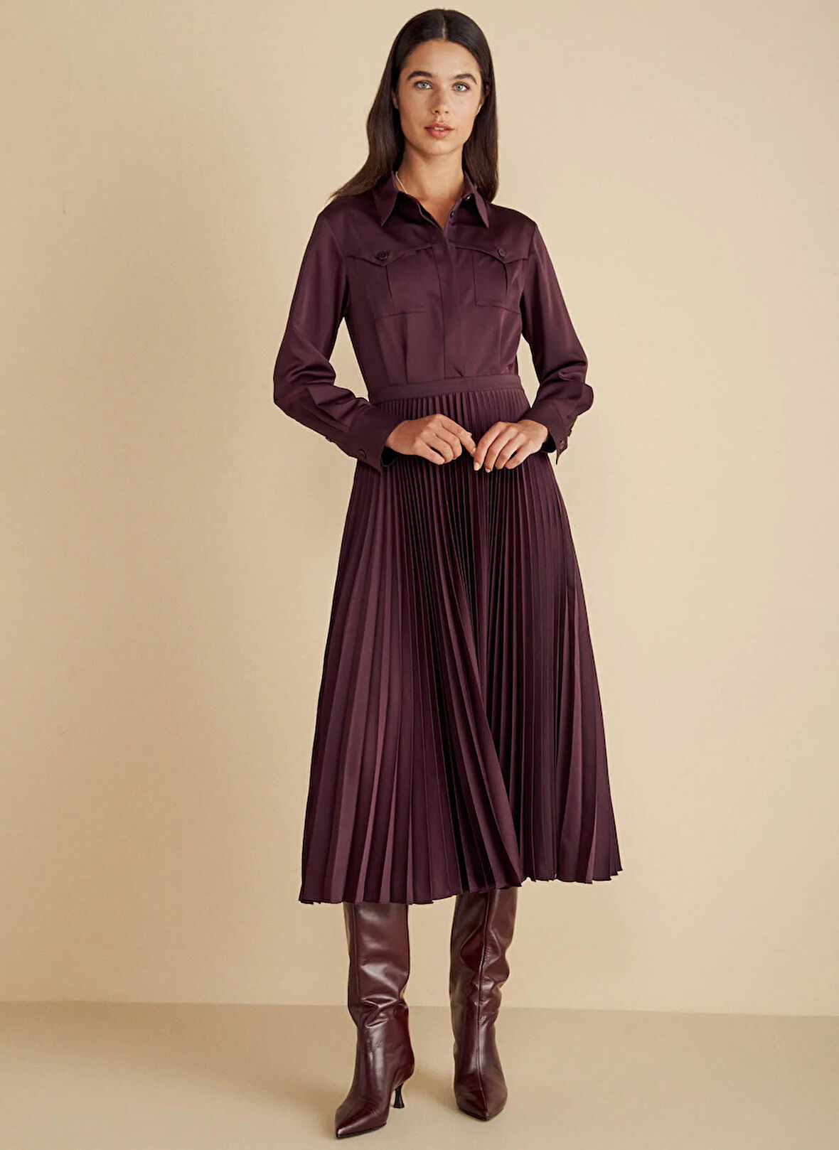 Brooks Brothers Gömlek Yaka Düz Bordo Midi Kadın Elbise Cepli Pliseli Krep Midi Elbise