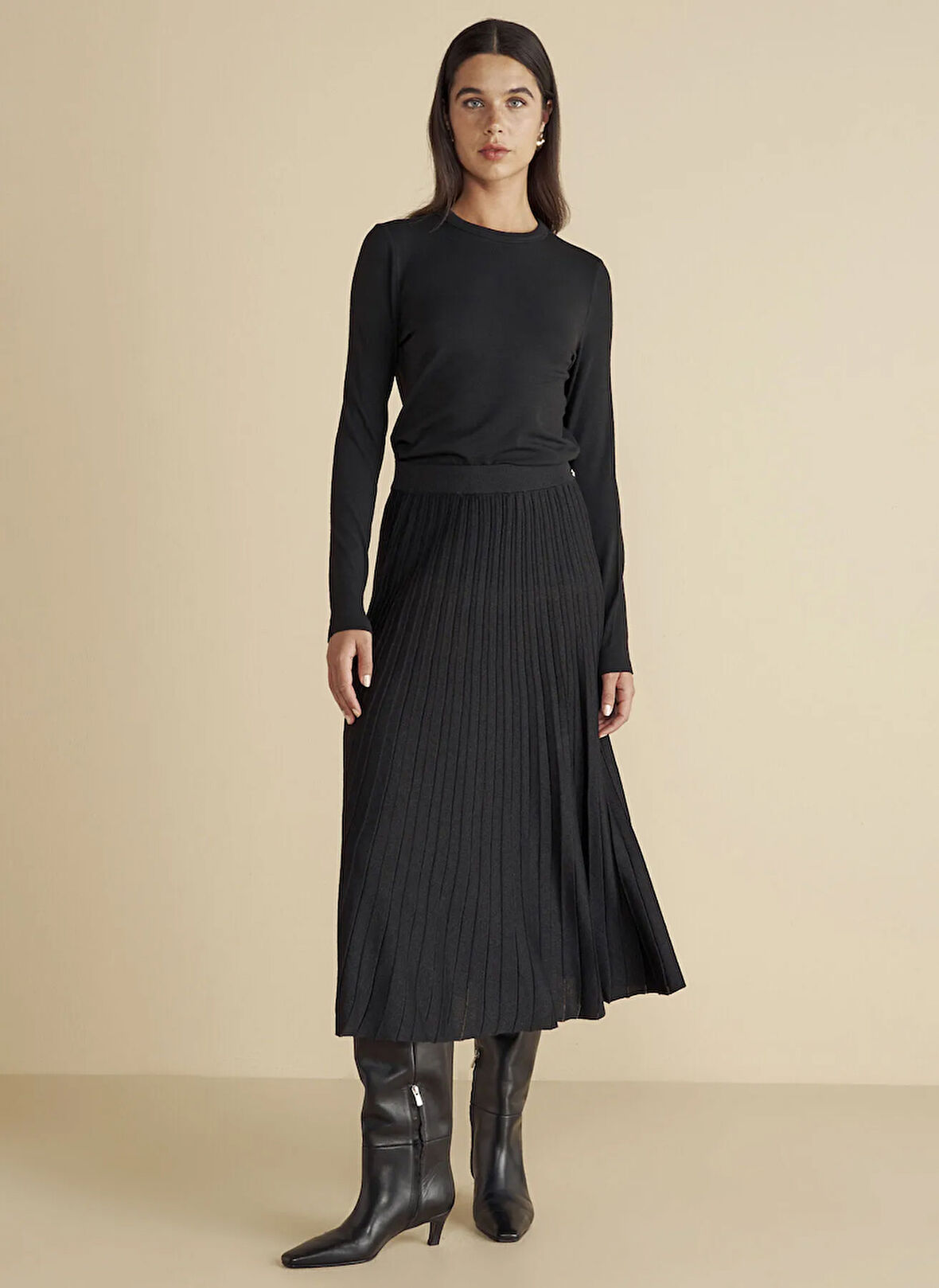 Brooks Brothers Lastikli Bel Siyah Kadın Piliseli Midi Etek Piliseli Triko Etek