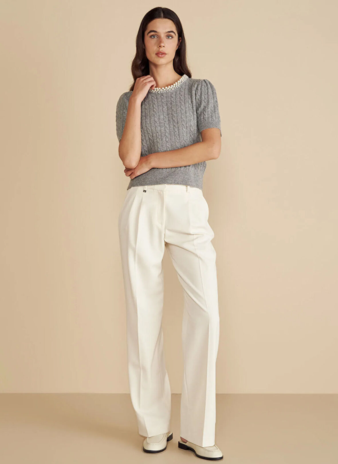 Brooks Brothers Yüksek Bel Standart Ekru Kadın Pantolon Metal Logolu Çift Pileli Palazzo Pa