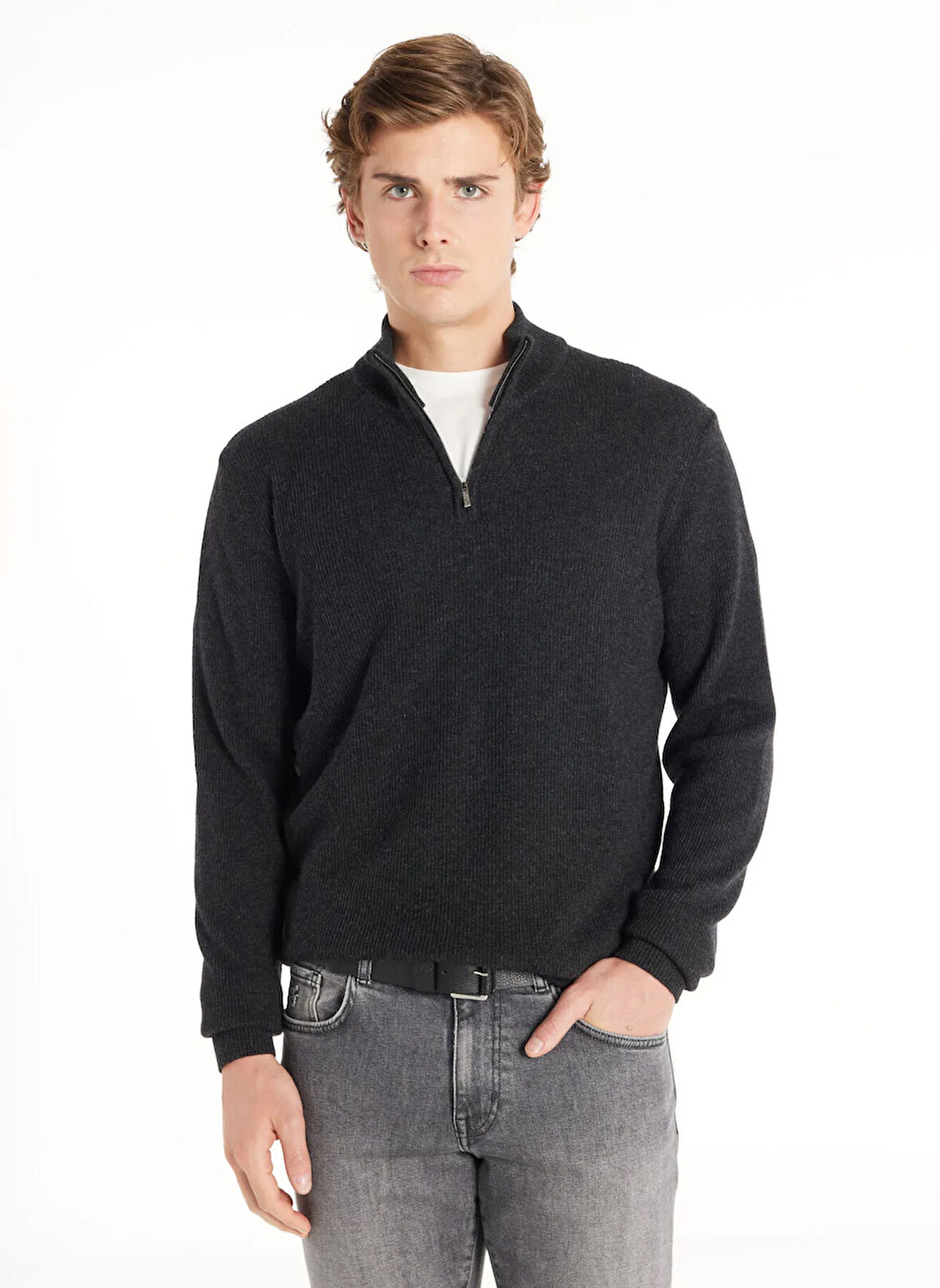 Ted Baker Bato Yaka Standart Düz Antrasit Erkek Kazak TBMRKW1065