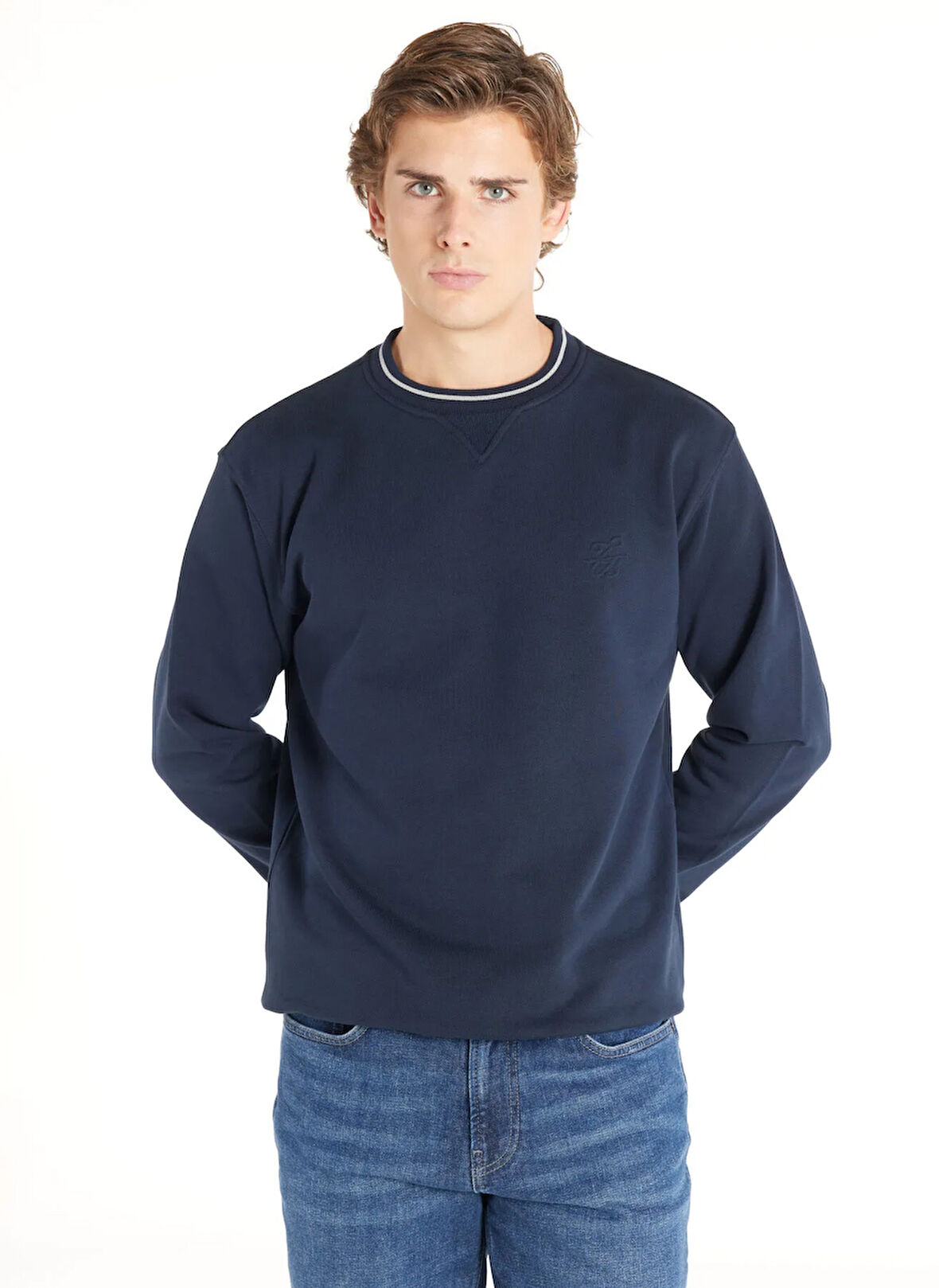 Ted Baker Bisiklet Yaka Kabartma Lacivert Erkek Sweatshırt TBMRTS1031