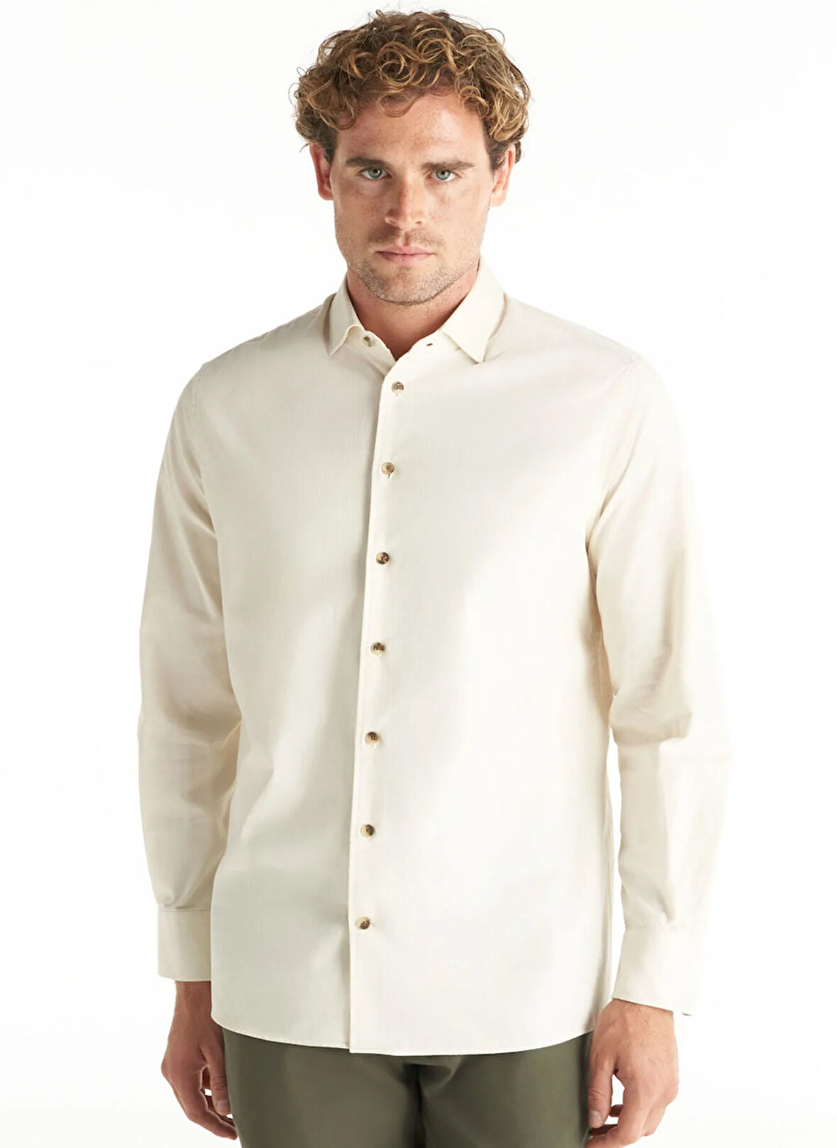 Ted Baker Comfort Fit Alttan Britli Yaka Fitilli Ekru Erkek Gömlek TBMRSH1086