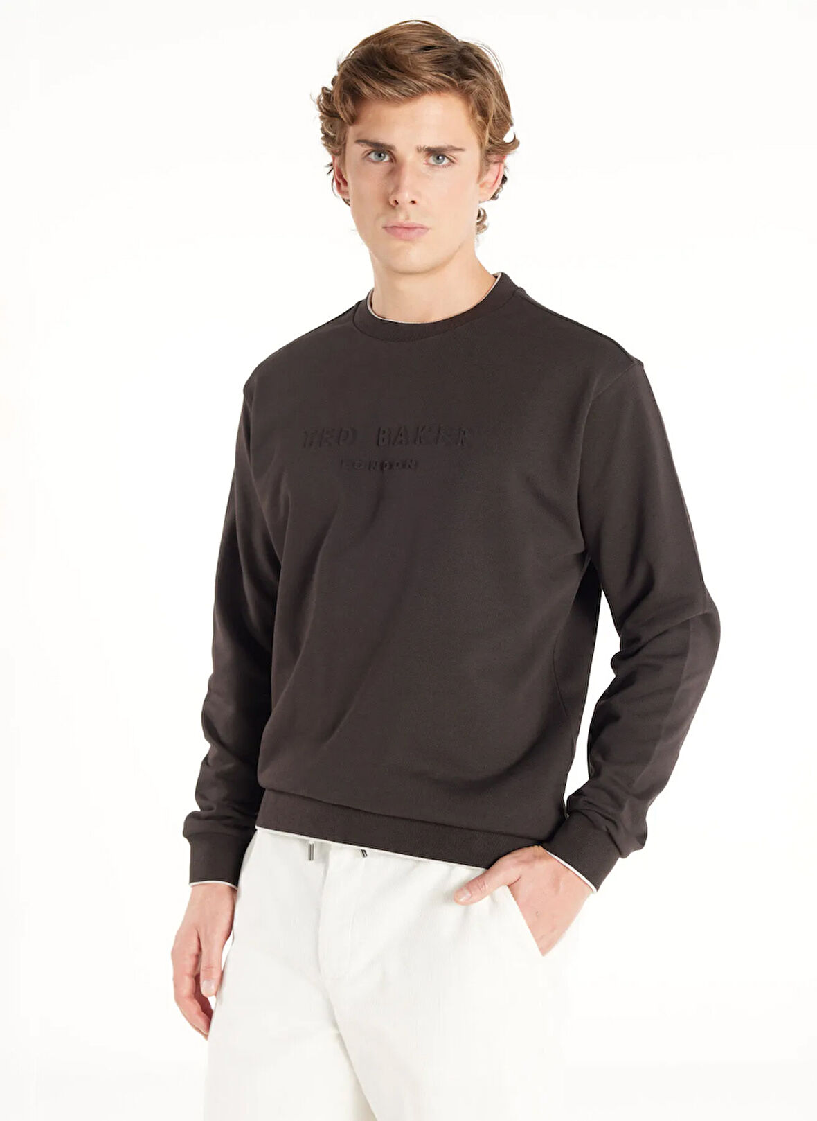 Ted Baker Bisiklet Yaka Kabartma Açık Kahve Erkek Sweatshırt TBMRTS1033