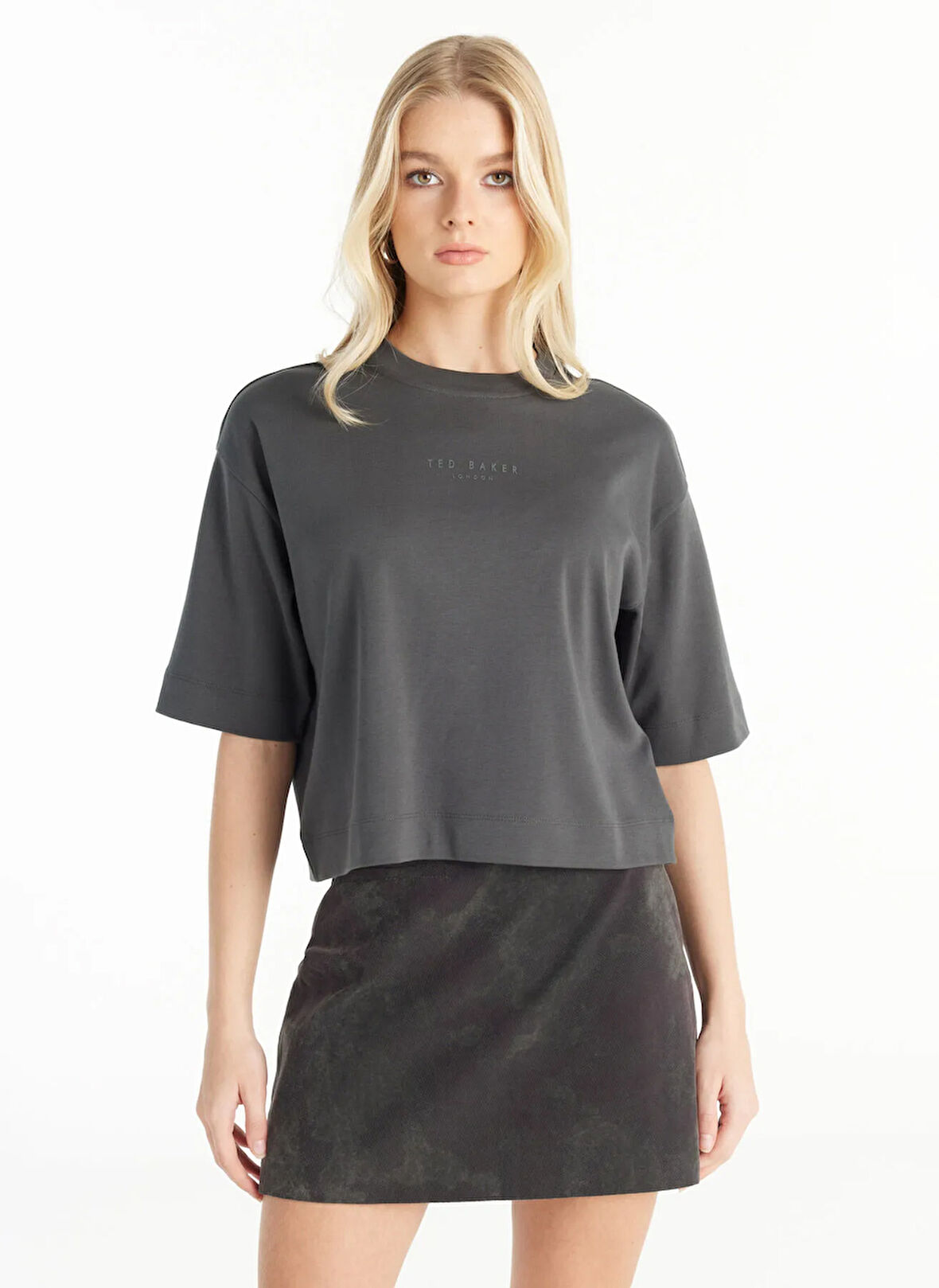 Ted Baker Bisiklet Yaka Baskılı Antrasit Kadın T-Shirt TBWRTS1017