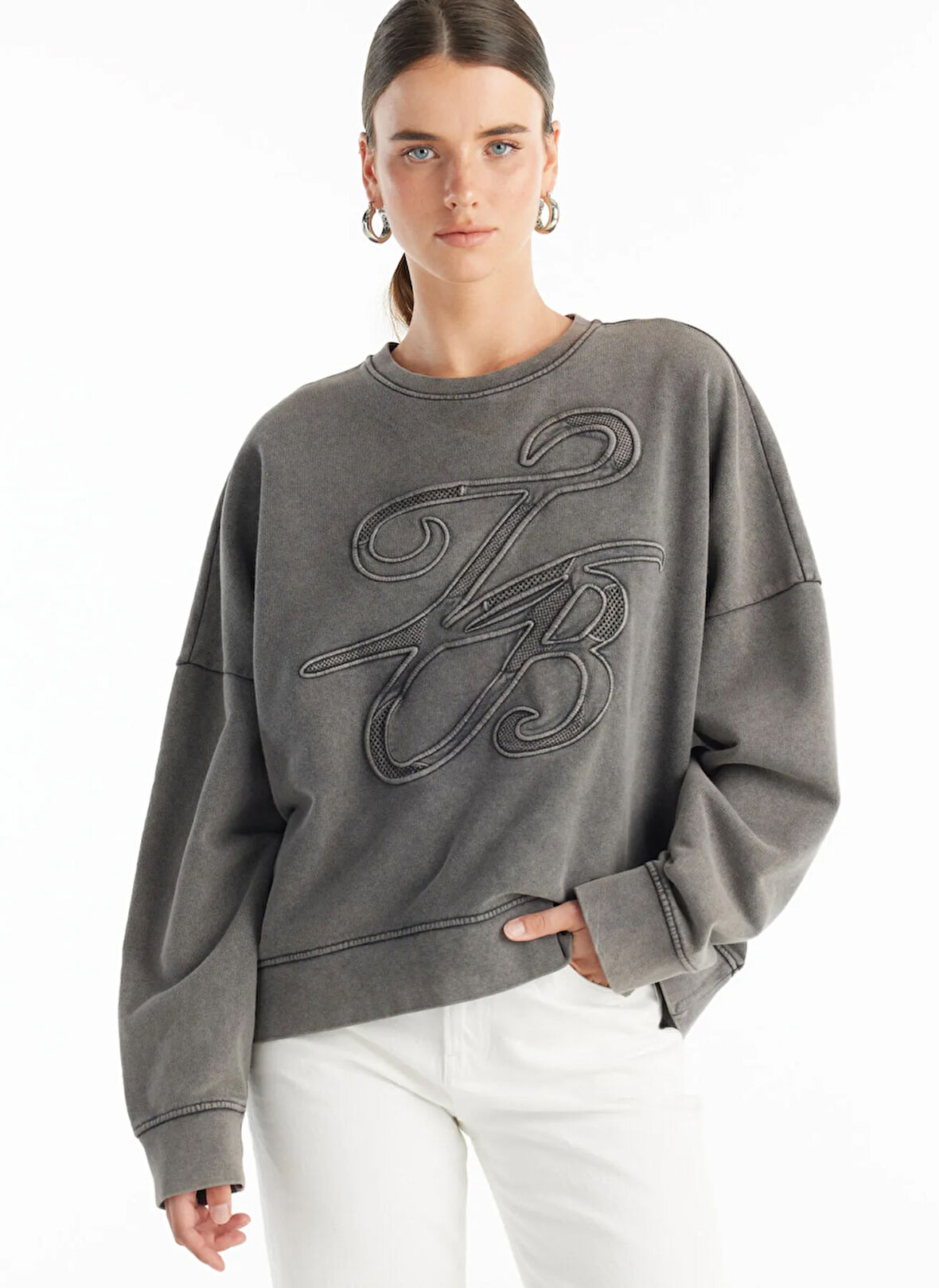 Ted Baker Bisiklet Yaka Nakışlı Antrasit Kadın Sweatshırt TBWRTS1081