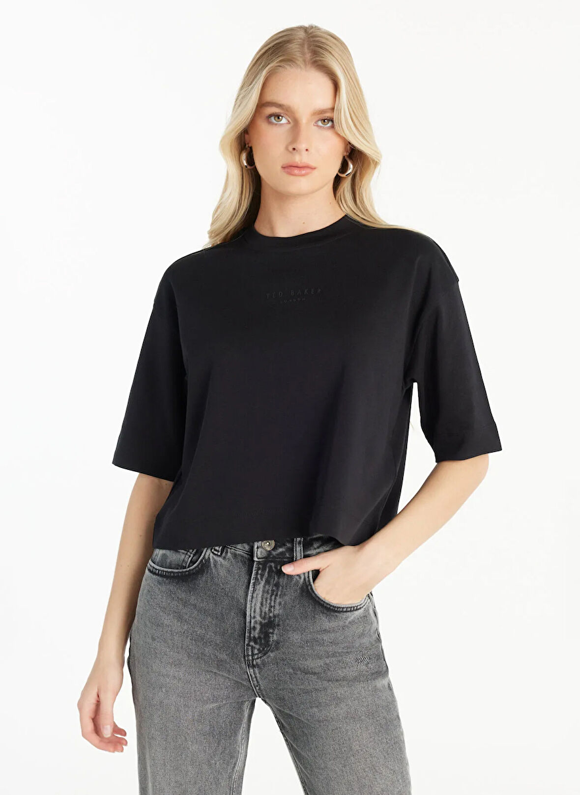 Ted Baker Bisiklet Yaka Baskılı Siyah Kadın T-Shirt TBWRTS1017