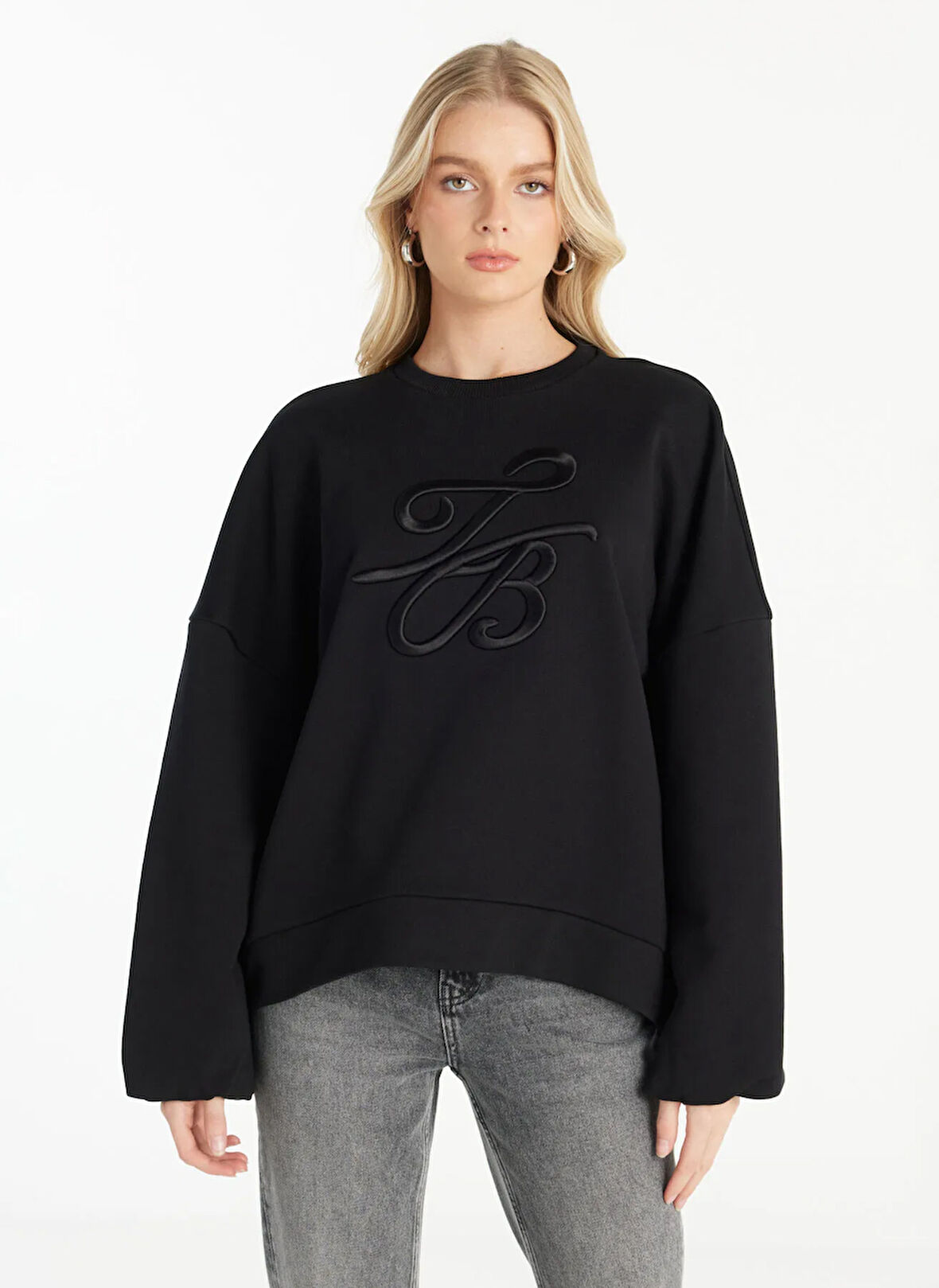 Ted Baker Bisiklet Yaka Nakışlı Siyah Kadın Sweatshırt TBWRTS1023