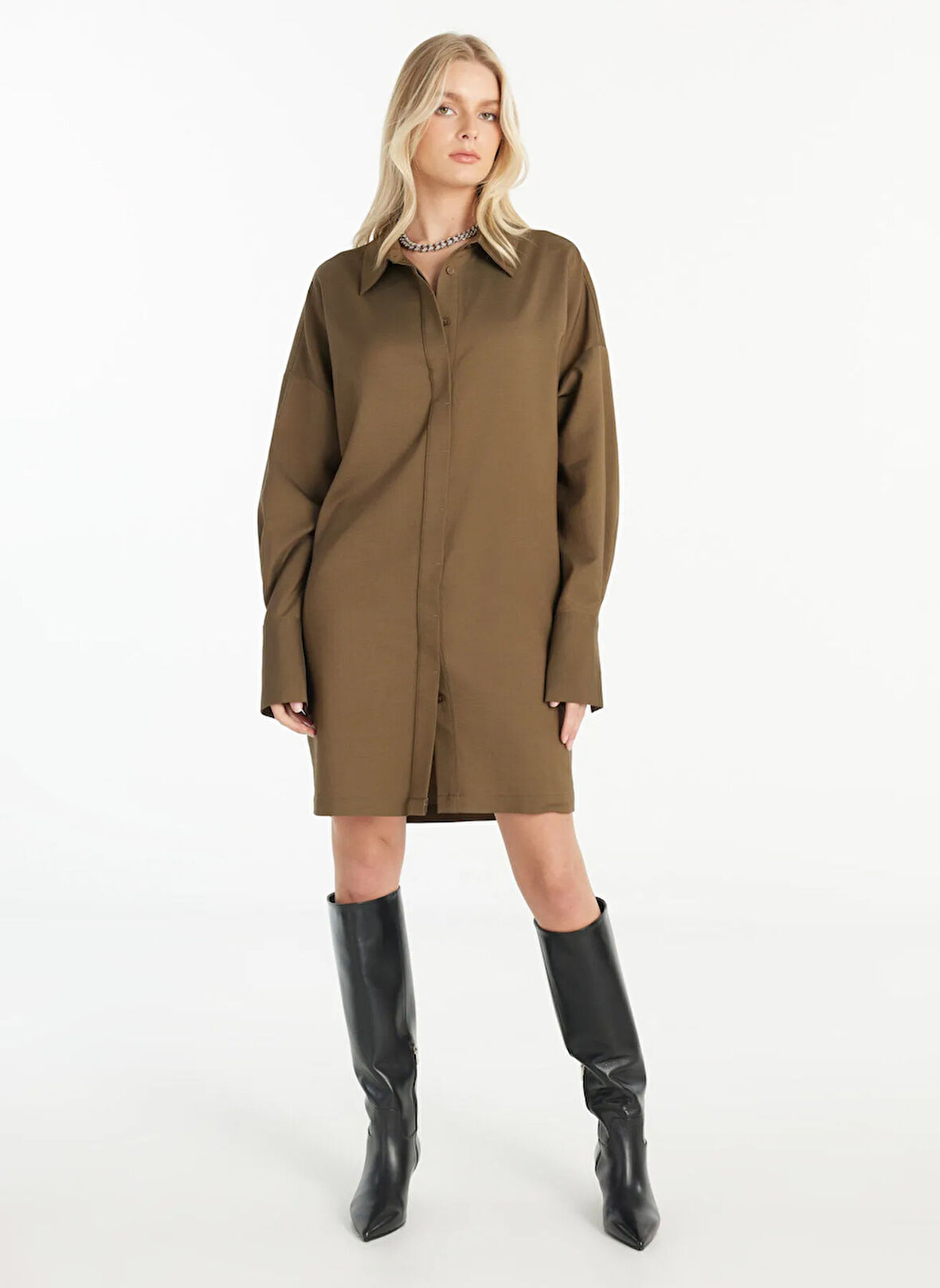 Ted Baker Gömlek Yaka Düz Haki Mini Kadın Elbise TBWRDR1001