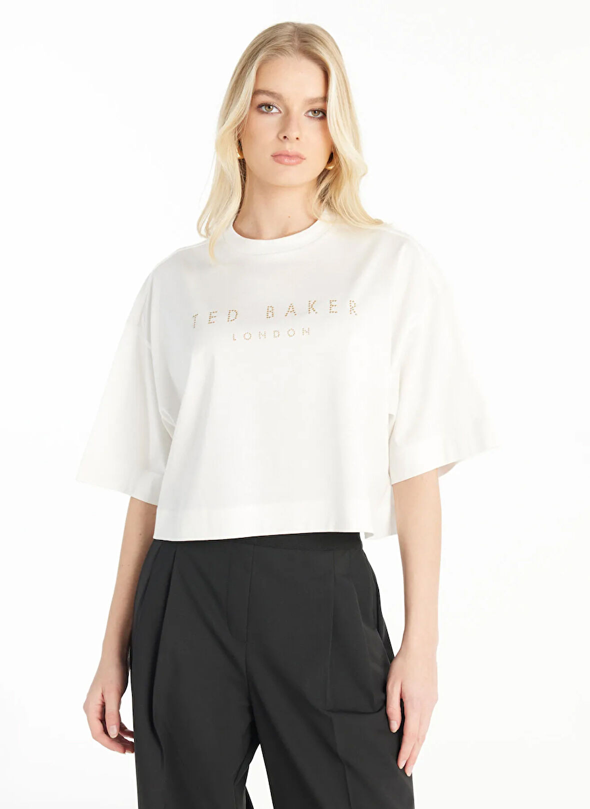 Ted Baker Bisiklet Yaka Taşlı Ekru Kadın T-Shirt TBWRTS1031