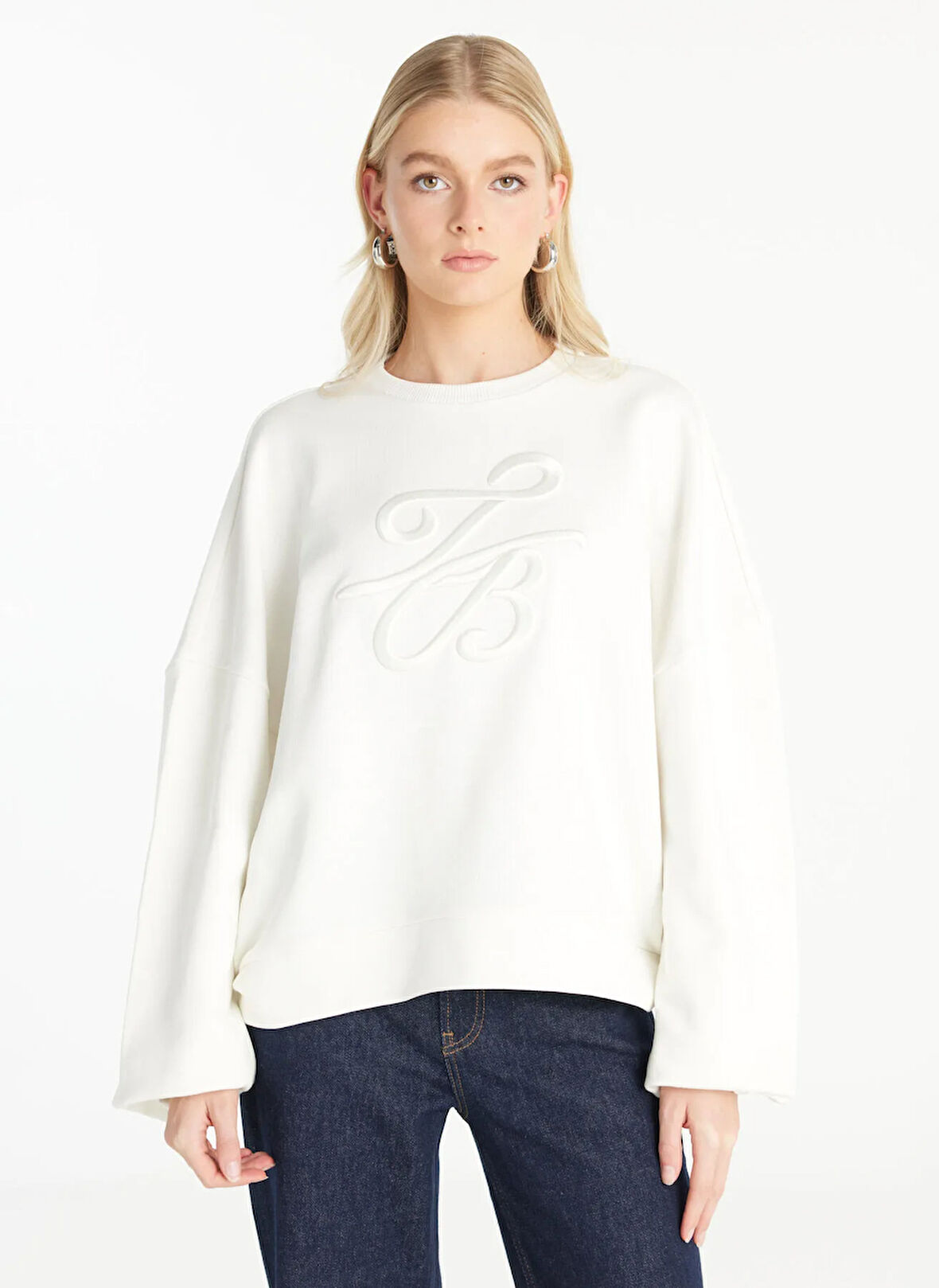 Ted Baker Bisiklet Yaka Nakışlı Ekru Kadın Sweatshırt TBWRTS1023