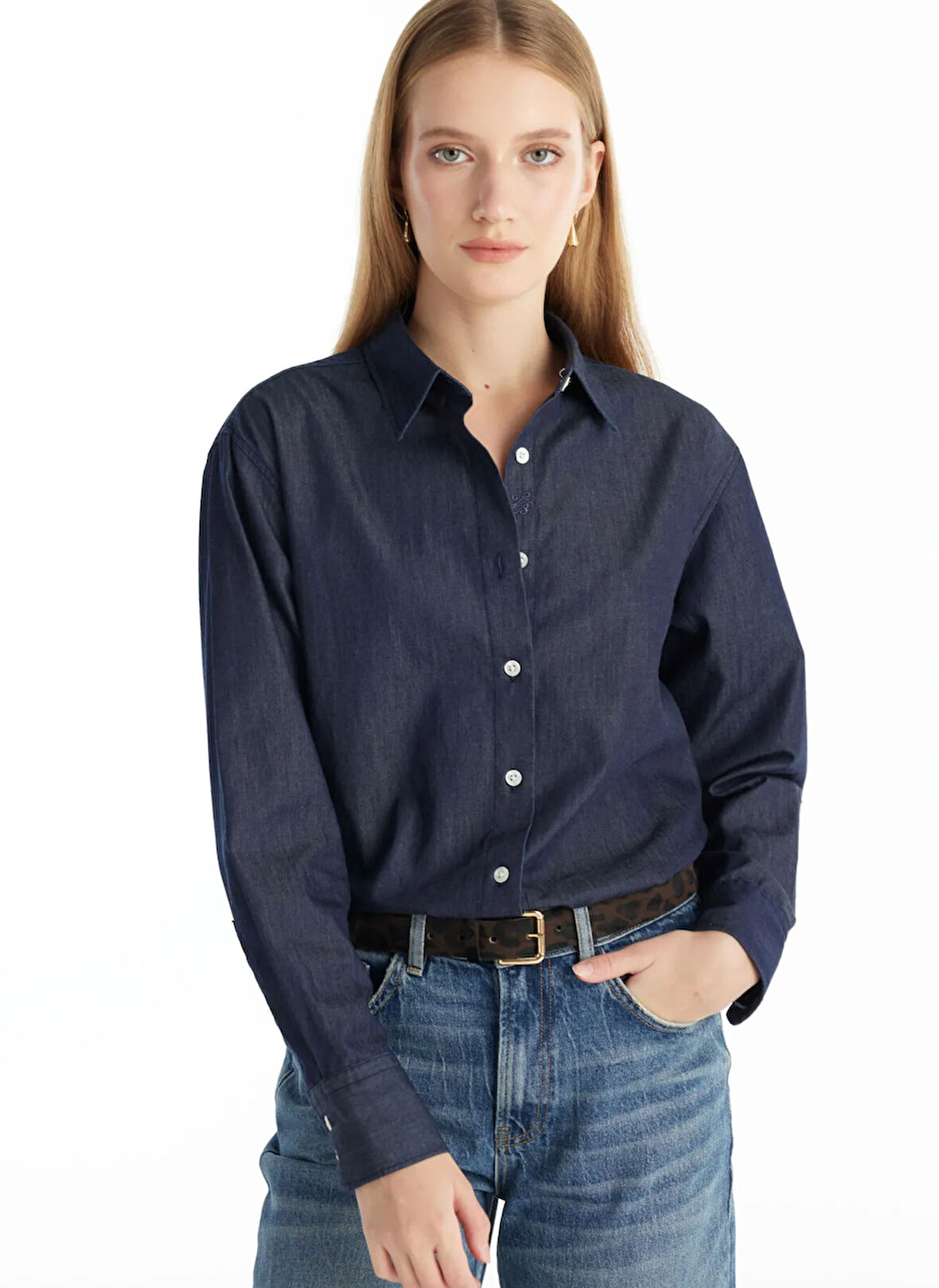 Ted Baker Standart Gömlek Yaka Düz Koyu Mavi Kadın Gömlek TBWRSH1031