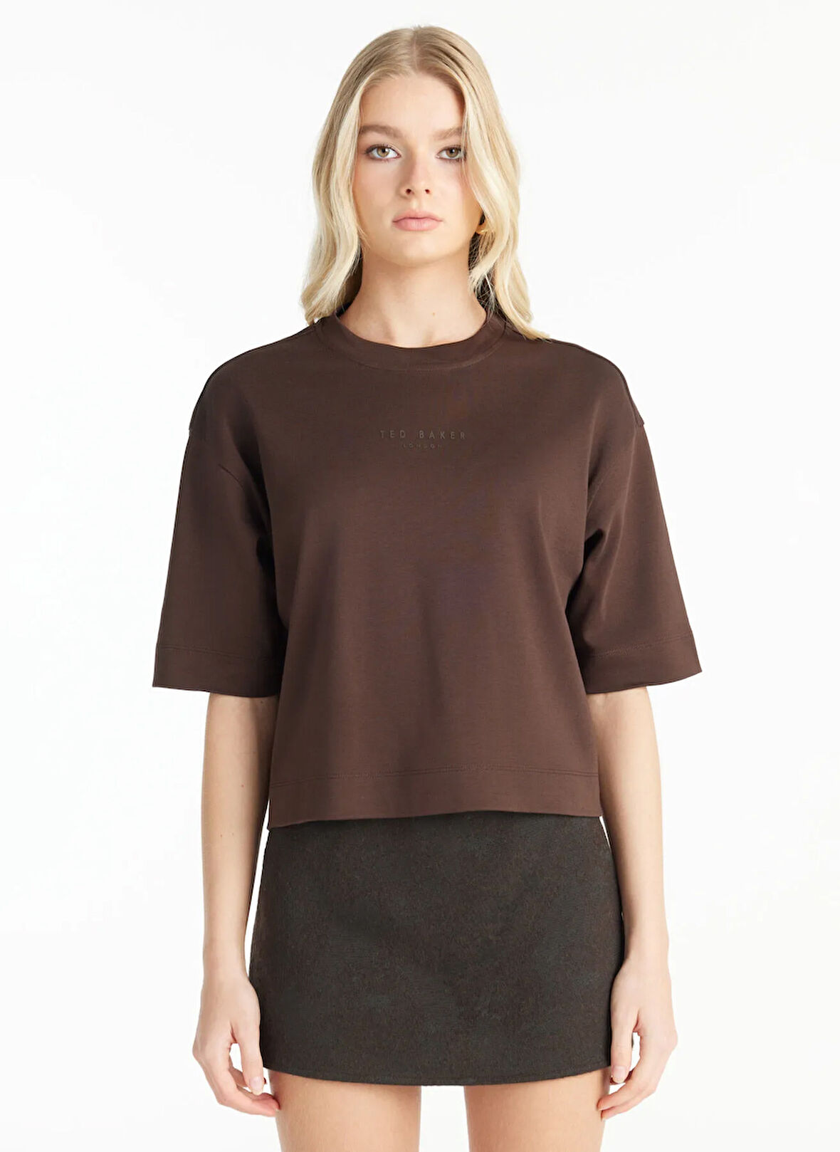 Ted Baker Bisiklet Yaka Baskılı Koyu Kahve Kadın T-Shirt TBWRTS1017