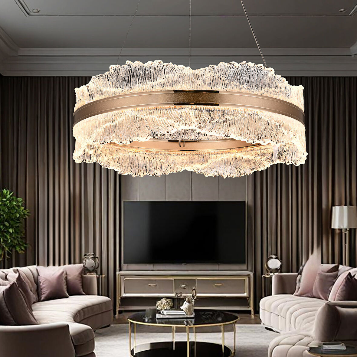 Laden 50'lik Gold 60 Watt Kristal Taşlı Modern Salon Led Sarkıt Avize