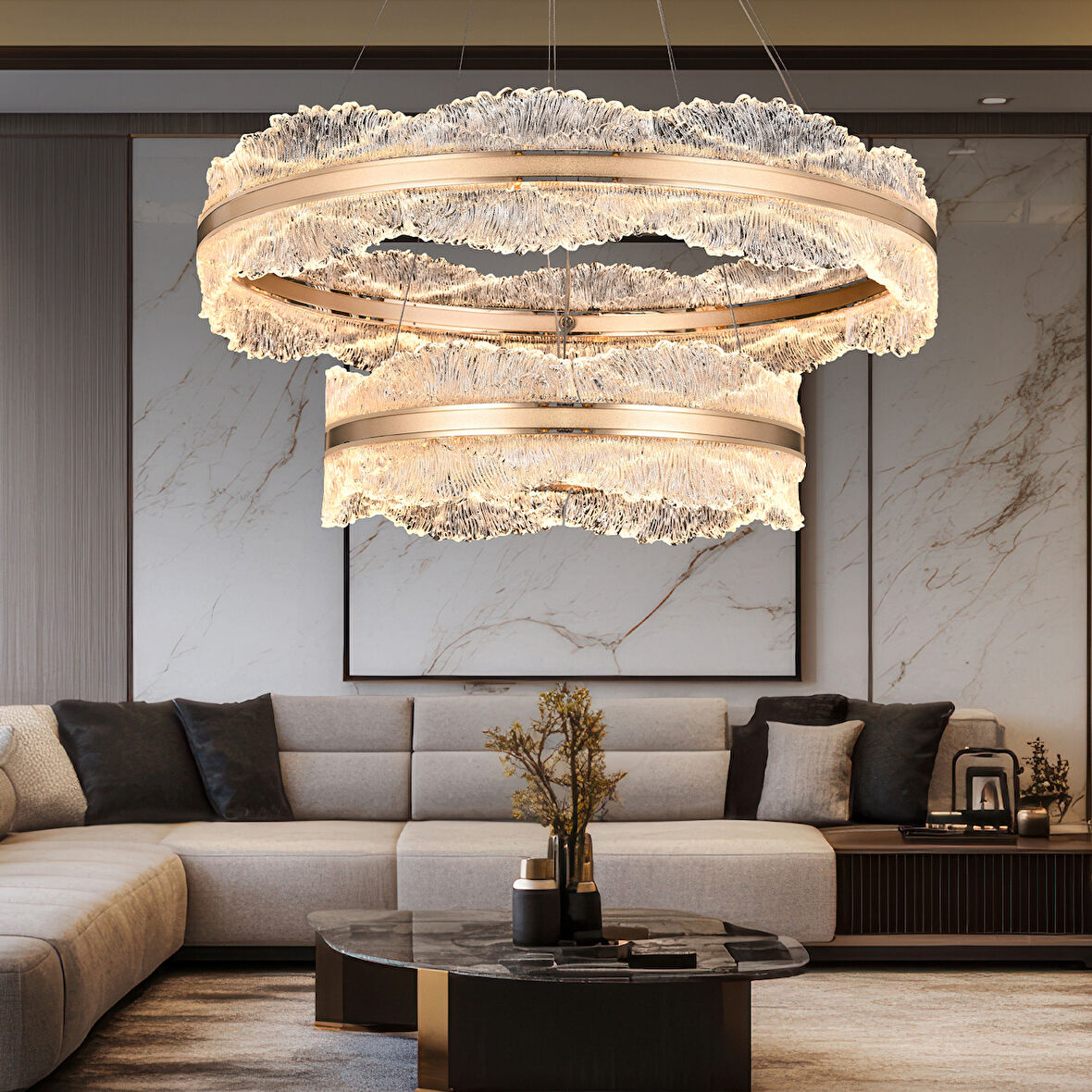 Laden İki Katlı 150 Watt Gold Kristal Taşlı Modern Salon Led Sarkıt Avize