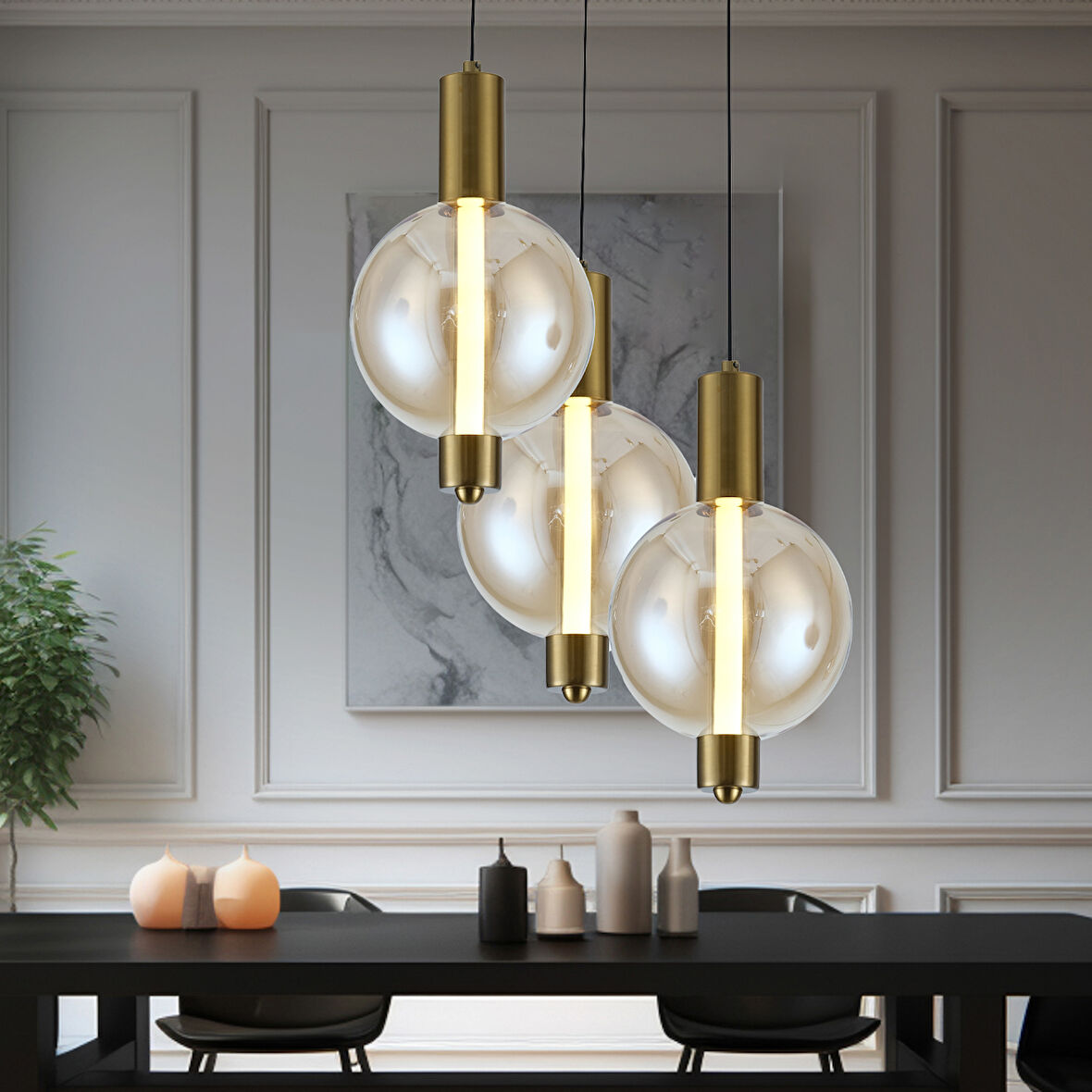 Mira Siyah 3'lü Yuvarlak Bal Camlı 10 Watt Modern Salon Led Sarkıt Avize