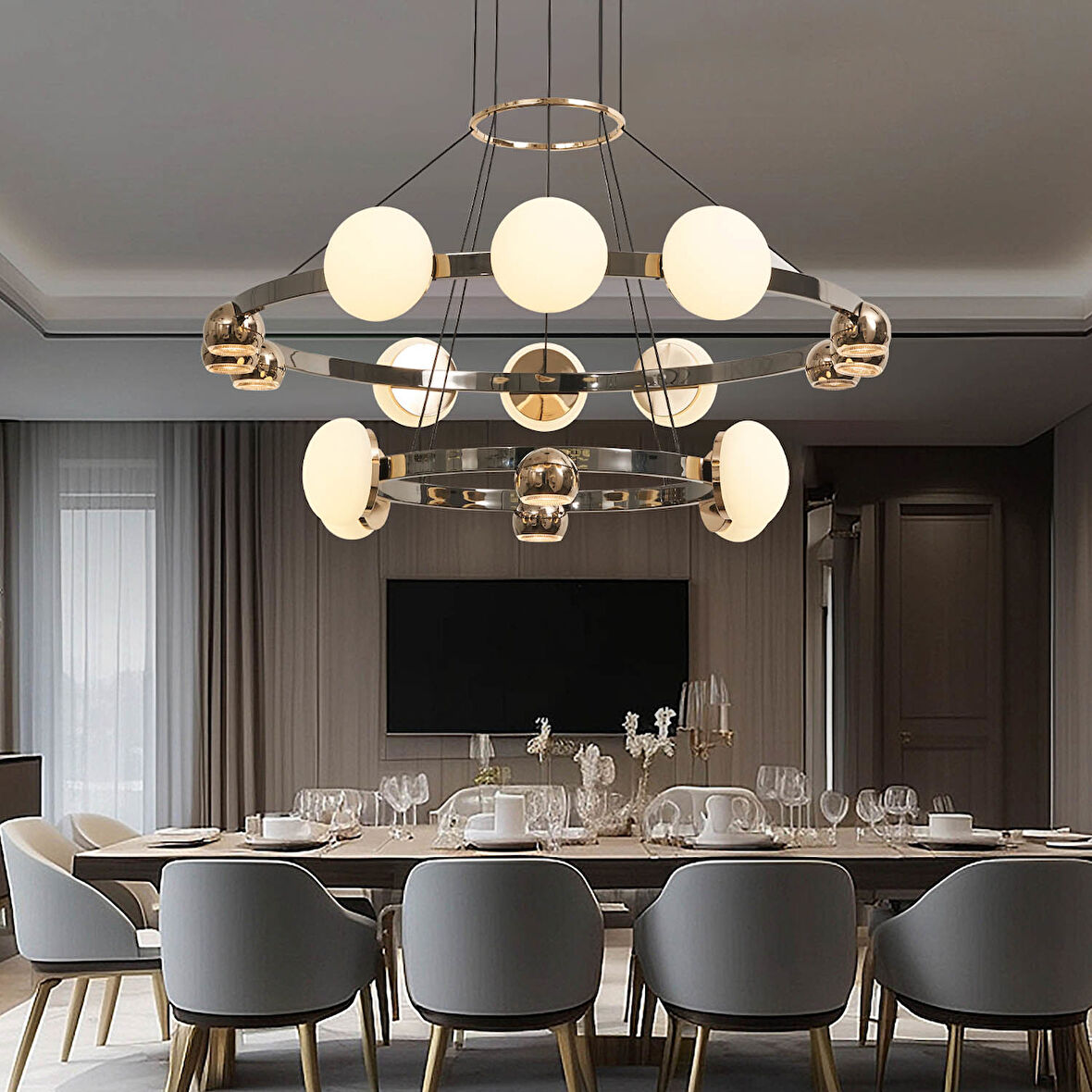 Dilay 18'li İki Katlı Siyah Gold 160 Watt Yuvarlak Modern, Kafe Restoran, Salon Led Sarkıt Avize