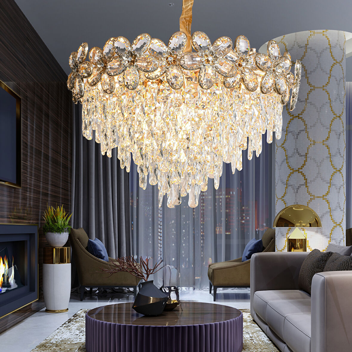 Saral 60'lık Yuvarlak Gold Kristal Taşlı Modern Tasarım Salon Avize