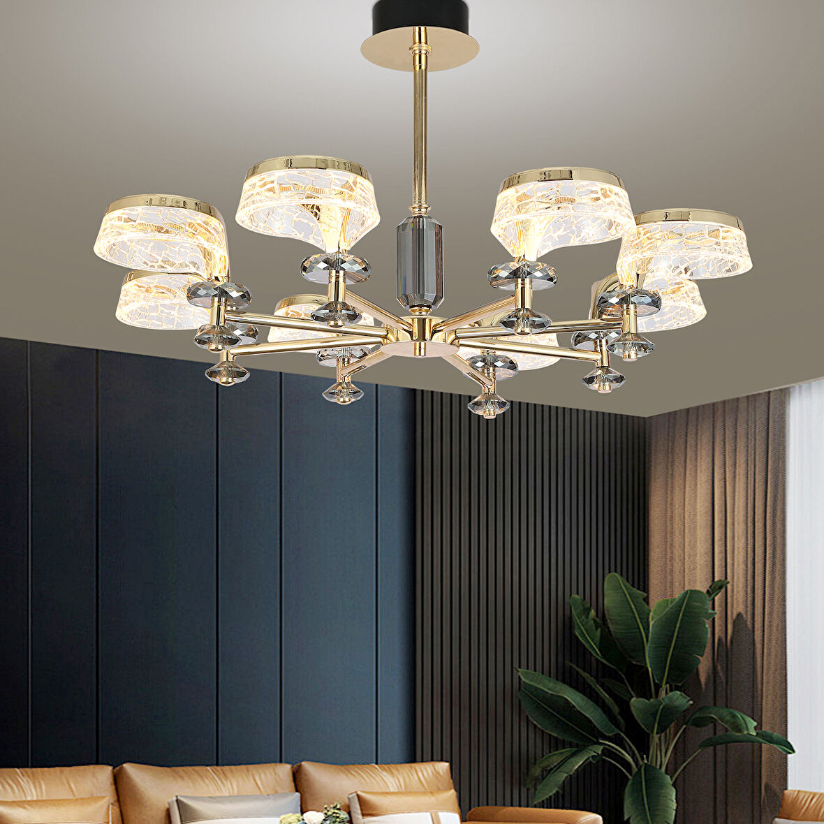 Ekerd 8'li Gold 70 Watt Yuvarlak Kristalli Modern Sarkıt Salon Led Avize