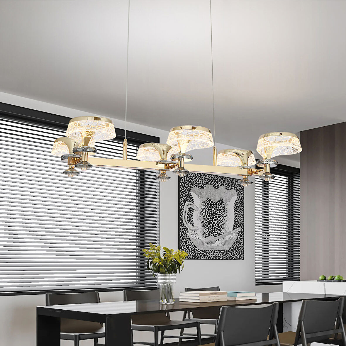 Ekerd 6'lı Gold 100 Watt Sıralı Yemek Masası Üstü Kristalli Modern Sarkıt Salon Led Avize