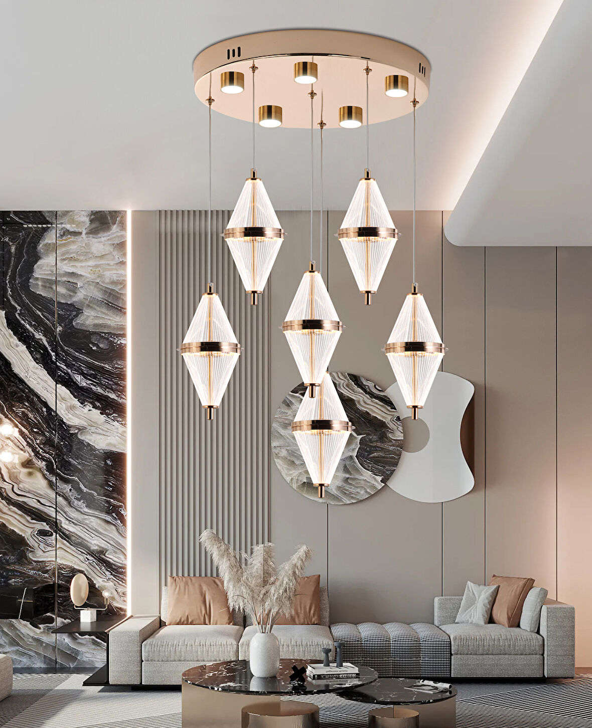 Edward 6'Lı 70 Watt Yuvarlak Gold Ledli Modern Salon Avize
