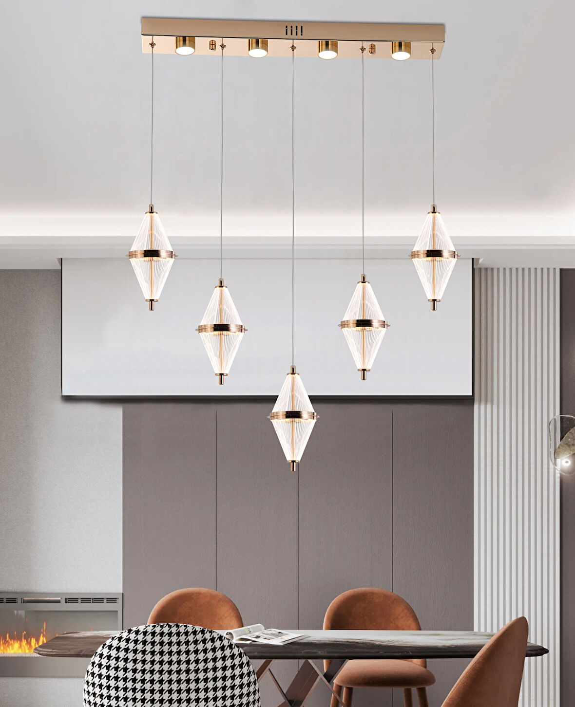 Edward 5'Li 67 Watt Sıralı Gold Ledli Modern Salon Avize