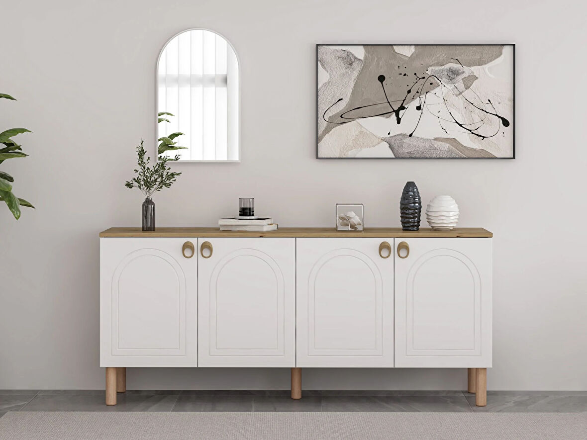 Lotus Bohem Tarz Konsol & Ayna - Beyaz/Artisan