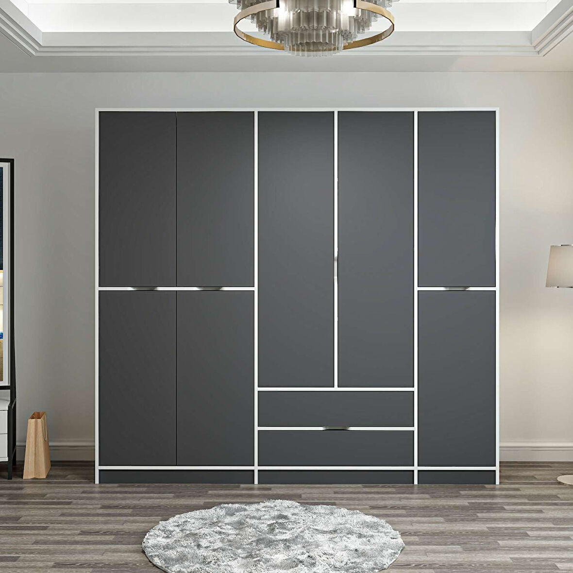 Elina 5 Kapaklı Dolap - Beyaz/Antrasit