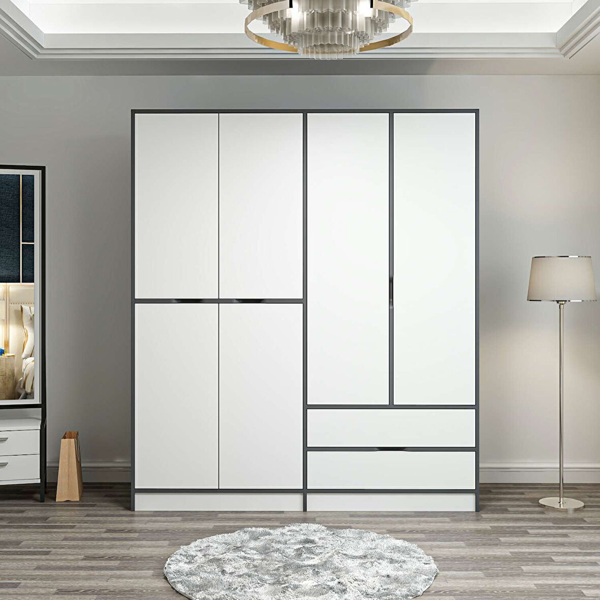 Elina 4 Kapaklı Dolap - Antrasit/Beyaz