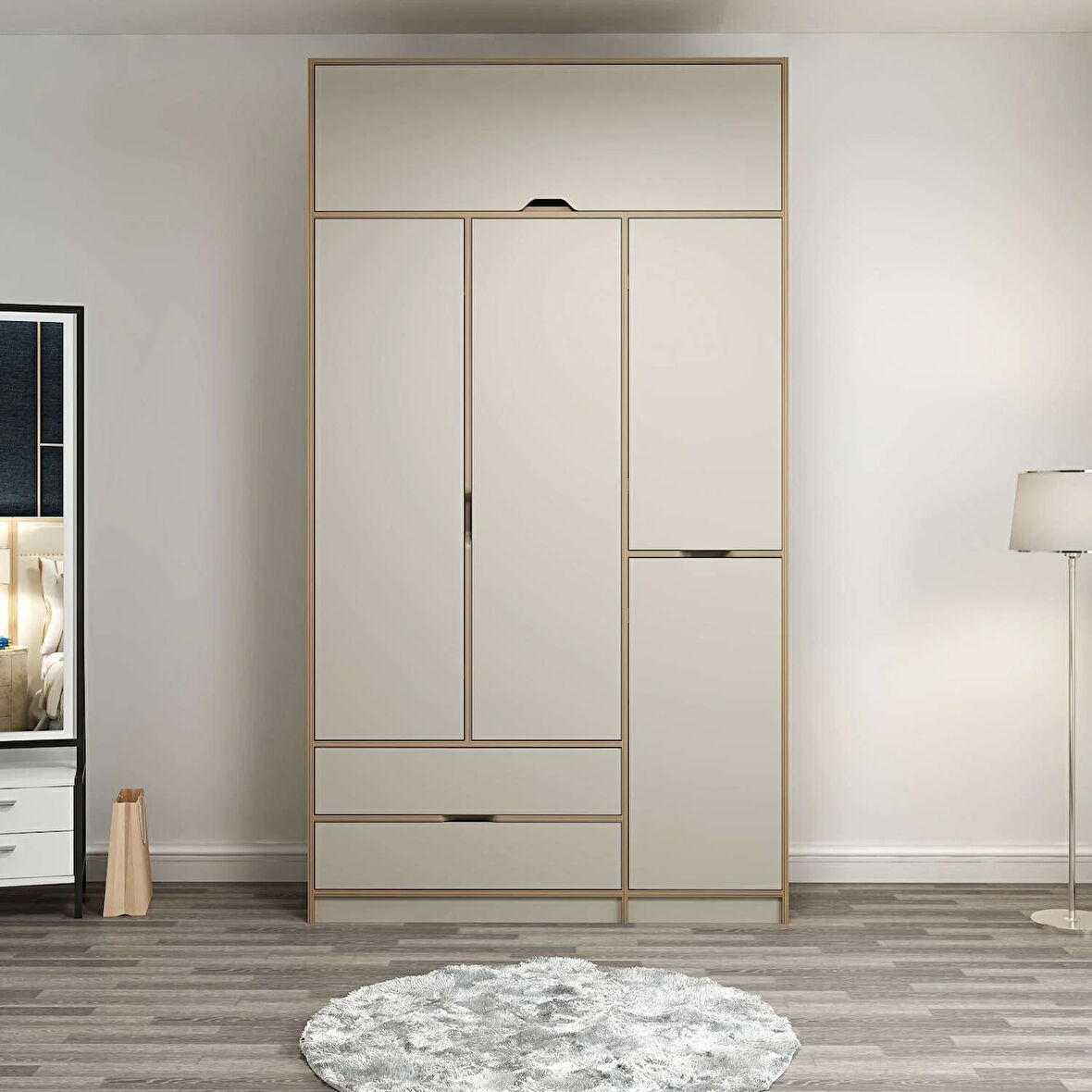 Elina 3 Kapaklı Dolap + Yüklük - Dore/Kumtaşı