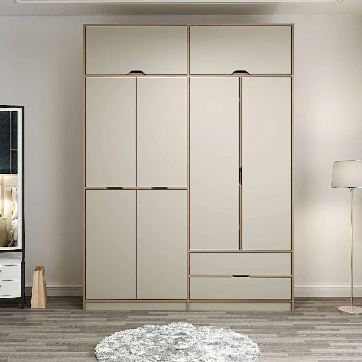 Elina 4 Kapaklı Dolap + Yüklük - Dore/Kumtaşı