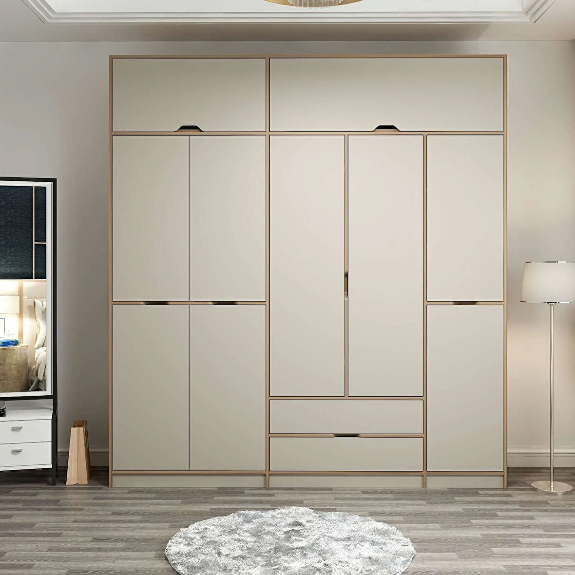 Elina 5 Kapaklı Dolap + Yüklük - Dore/Kumtaşı