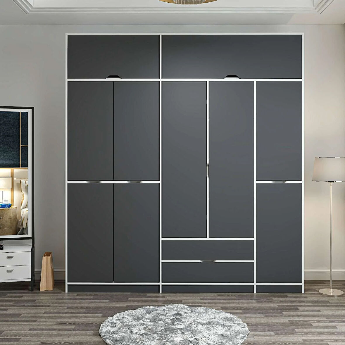 Elina 5 Kapaklı Dolap + Yüklük - Beyaz/Antrasit