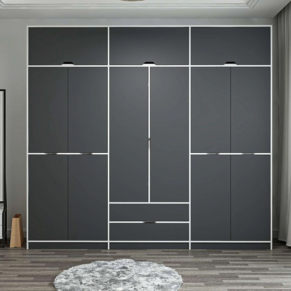 Elina 6 Kapaklı Dolap + Yüklük - Beyaz/Antrasit