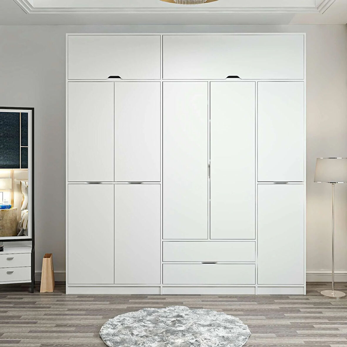 Elina 5 Kapaklı Dolap + Yüklük - Beyaz/Beyaz