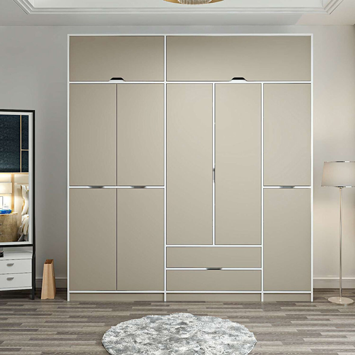 Elina 5 Kapaklı Dolap + Yüklük - Beyaz/Kumtaşı