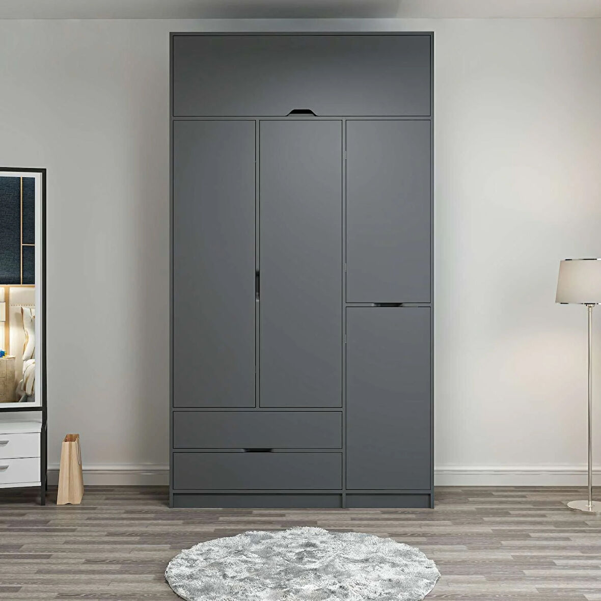 Elina 3 Kapaklı Dolap + Yüklük - Antrasit/Antrasit